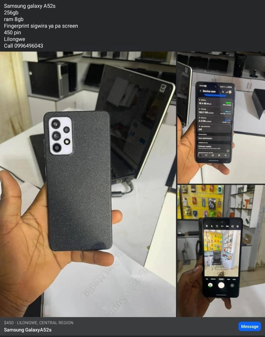 Samsung galaxy a52s 256gb Ram 8gb Fingerprint sigwira ya pa screen 440 pin Call 0996496043 Lilongwe