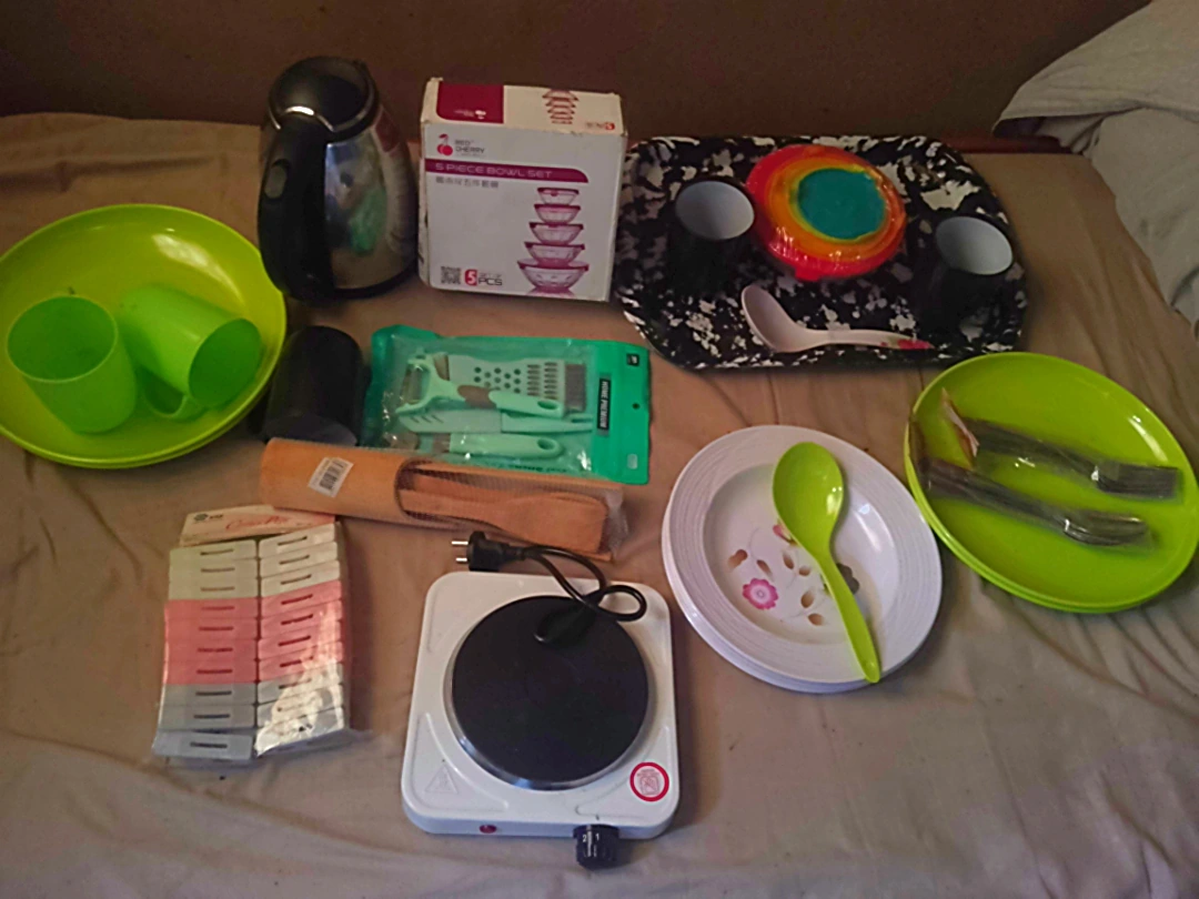 Plates, Kettle , bowls,pegs, hot plate, spoon and e.t.c